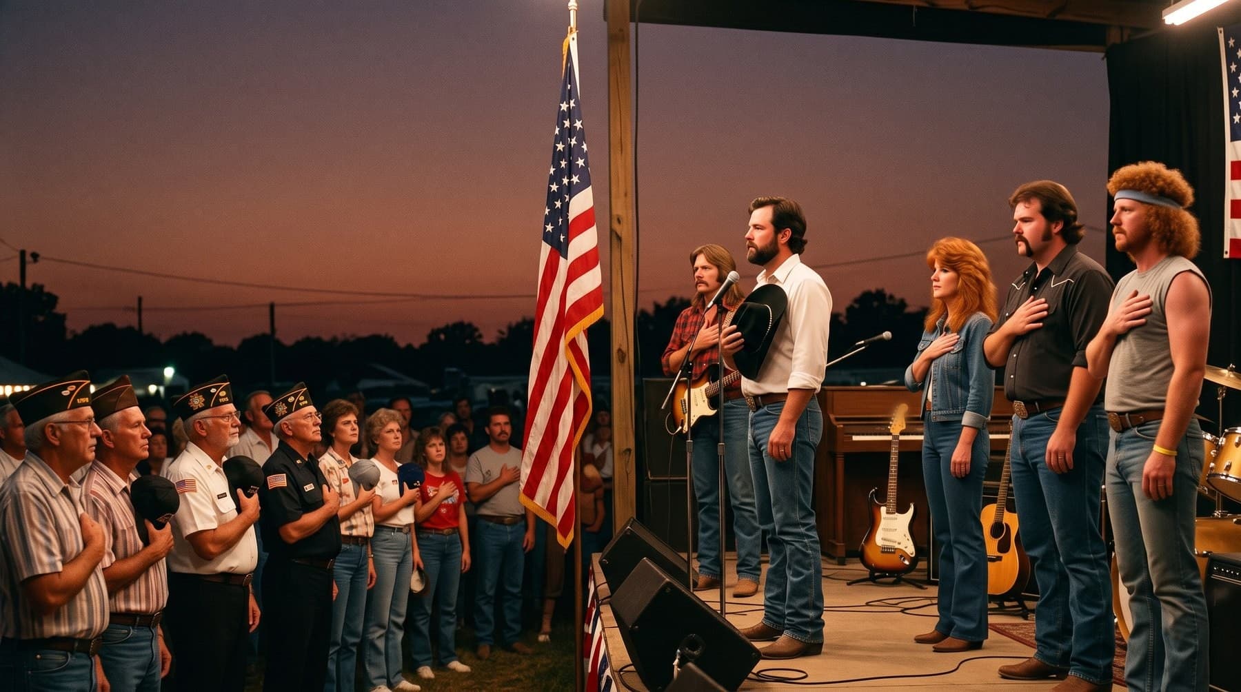 At dusk, the band stands on an outdoor stage with hands over hearts, the bandleader holding his black hat over his heart, facing a flag on a pole; veterans in garrison caps stand in the crowd with hands over hearts