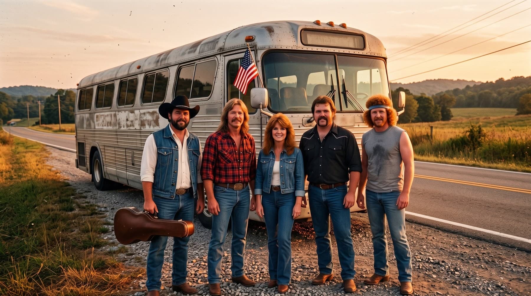 The five band members standing in front of a weathered silver motor coach on the shoulder of a two-lane country road at sunset, a small flag on the coach door