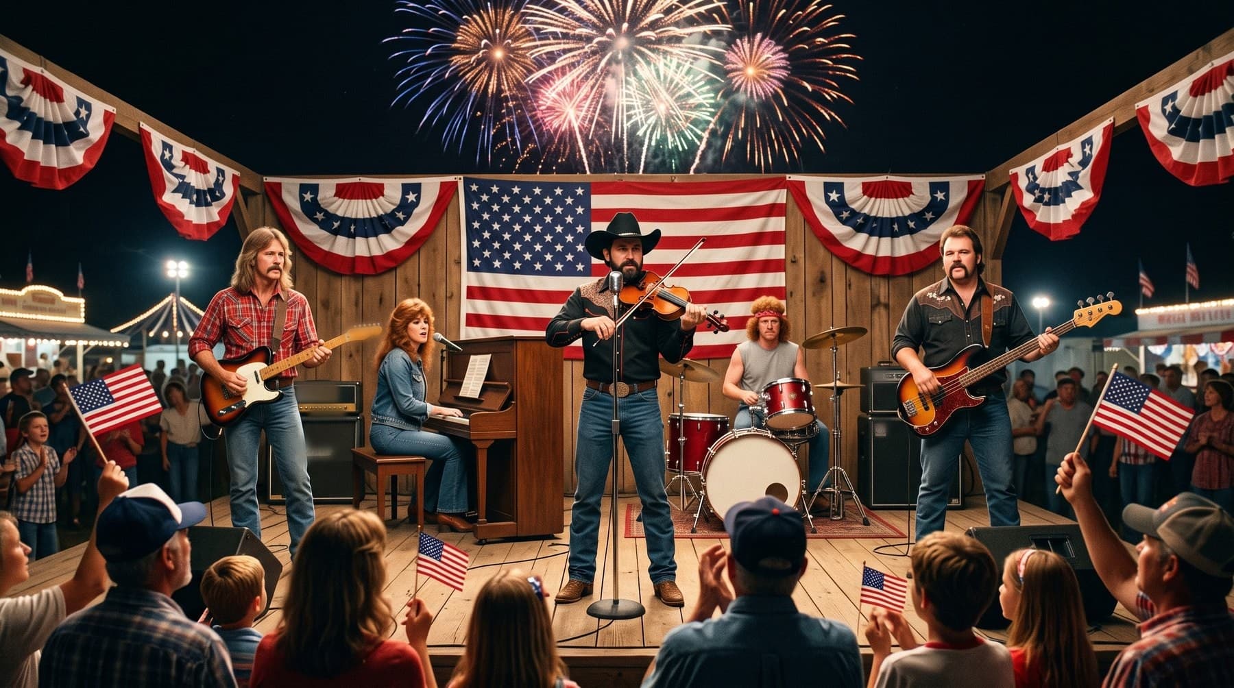 Fiddle & Flag on a wooden fairground stage at night: a fiddler in a black hat at the microphone, a guitarist, a pianist, a drummer and a bassist, a large flag and bunting behind them, fireworks overhead and a crowd waving small flags