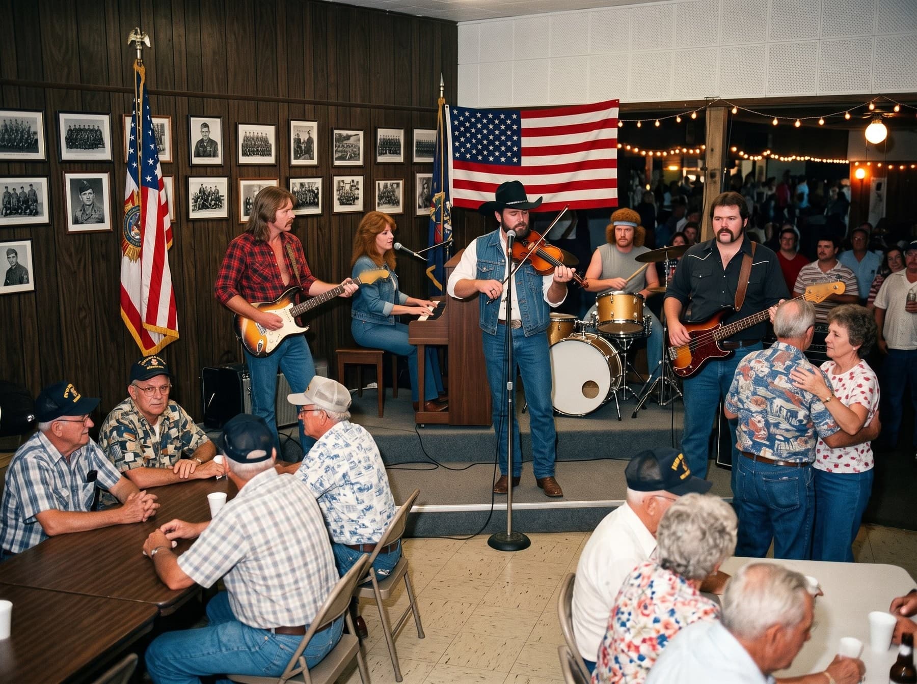 The band playing on a low stage in a paneled VFW post hall hung with framed unit photographs and flags; veterans in caps sit at folding tables and an older couple dances